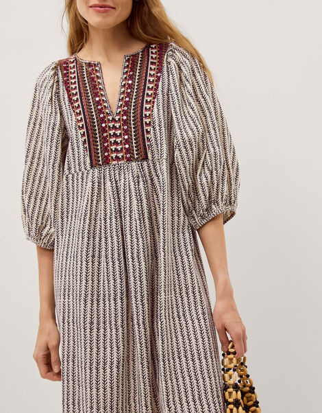 Laila Embellished Print Midi Dress, Ivory (IVORY), large