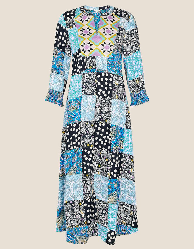 Patchwork Print Midi Dress, Blue (BLUE), large