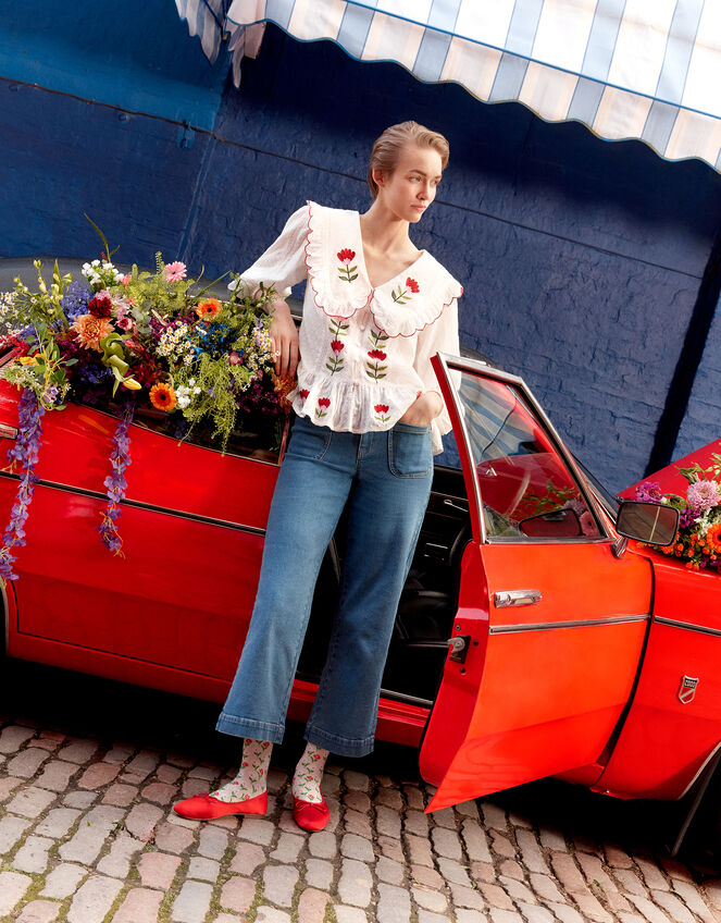 Talia Tulip Embroidered Scallop Collar Top, White (WHITE), large