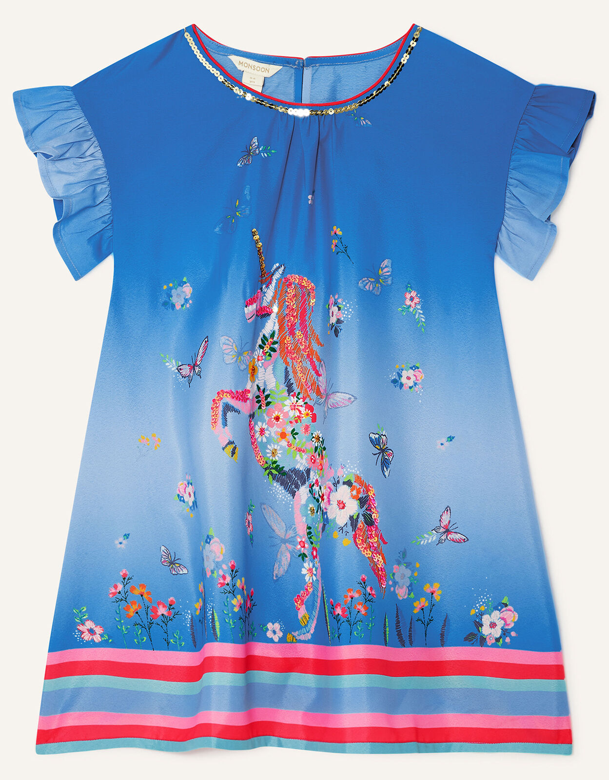 Monsoon Unicorn Flower Stripe Hem Dress Swing Dress Blue