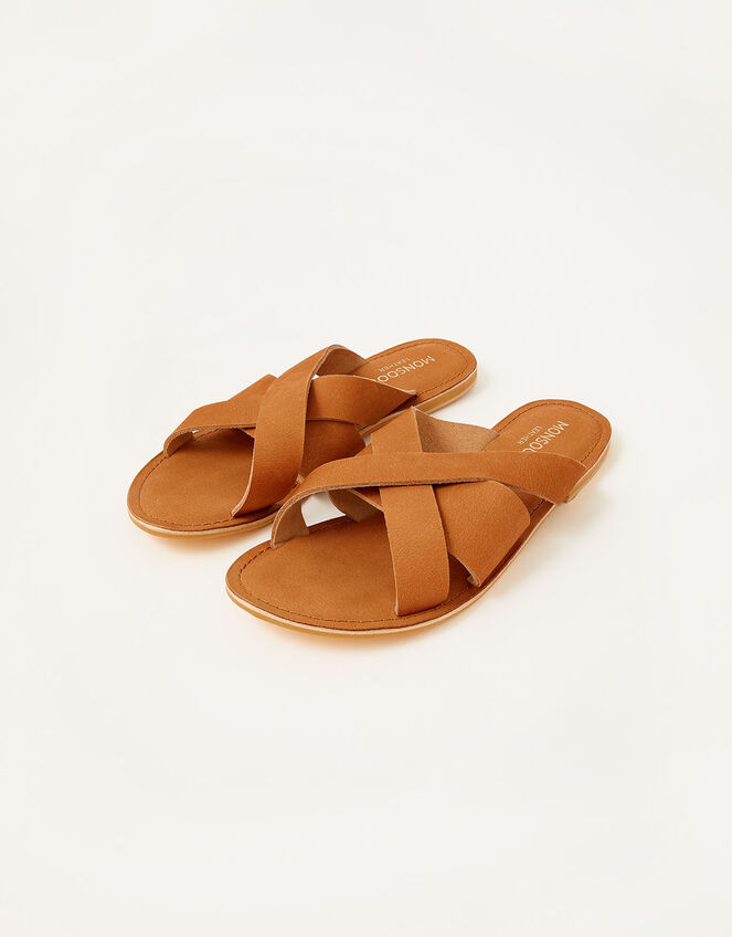 Leather Cross-Over Sliders, Tan (TAN), large