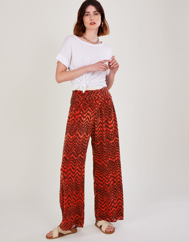 Ruched Waist Zig Zag Print Trousers , Red (RED), large