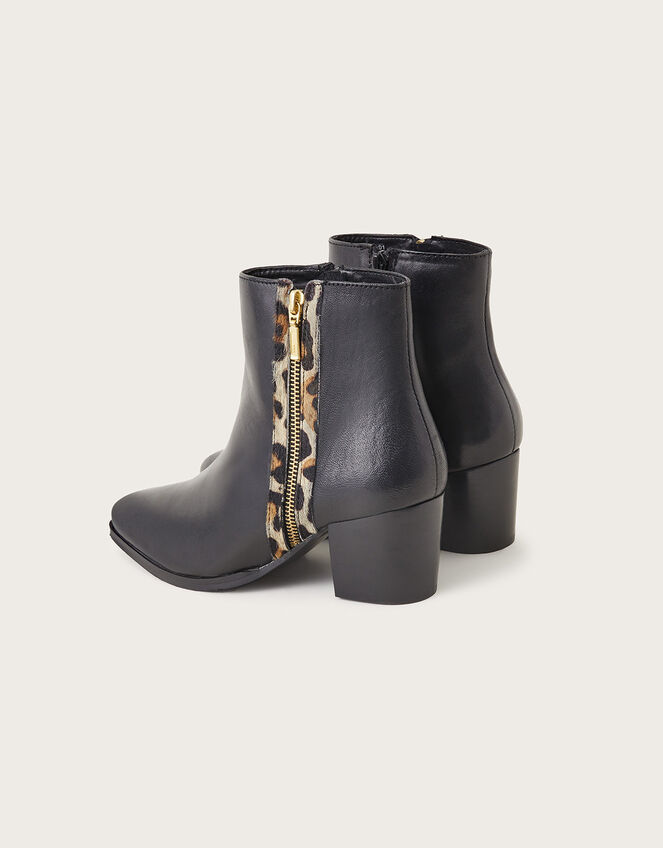 Leather Animal Trim Ankle Boots, Black (BLACK), large