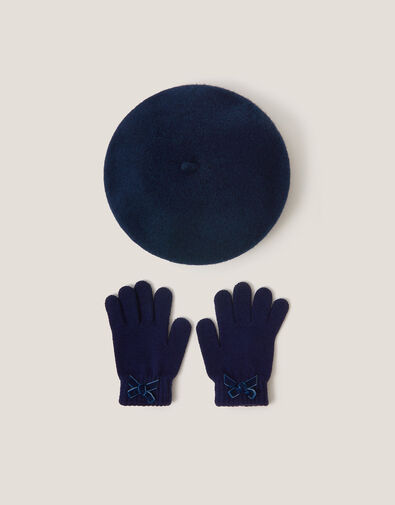Bow Wool Beret & Gloves Set, Blue (NAVY), large