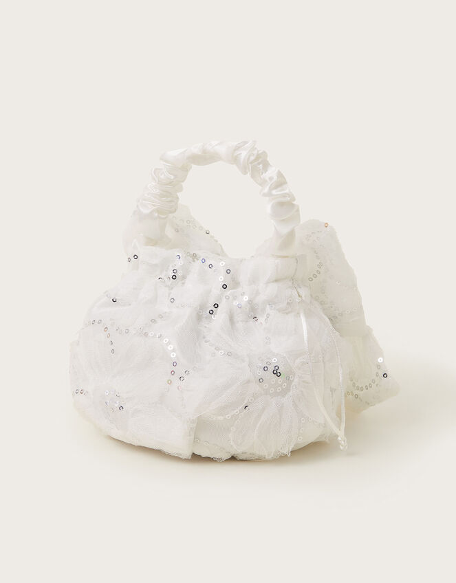 Sequin Ruffle Bow Pouch Bag, , large