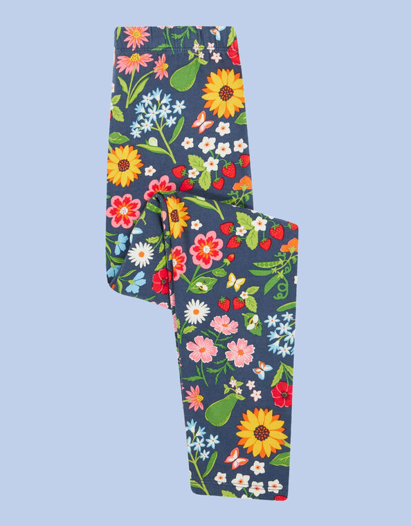 Frugi Libby Fruit and Floral Printed Leggings, Blue (NAVY), large