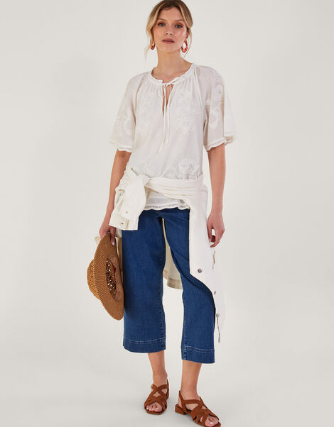 Embroidered Short Sleeve Top, White (WHITE), large