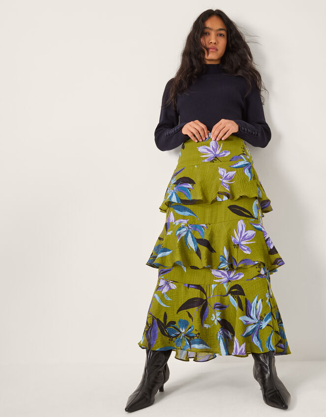 Sonya Floral Print Frill Midi Skirt, Green (KHAKI), large