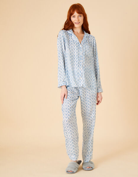 Geometric Print Bridal Satin Pyjama Set Blue, Blue (BLUE), large