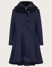 Velvet Collar High Low Coat in Wool Blend, Blue (NAVY), large