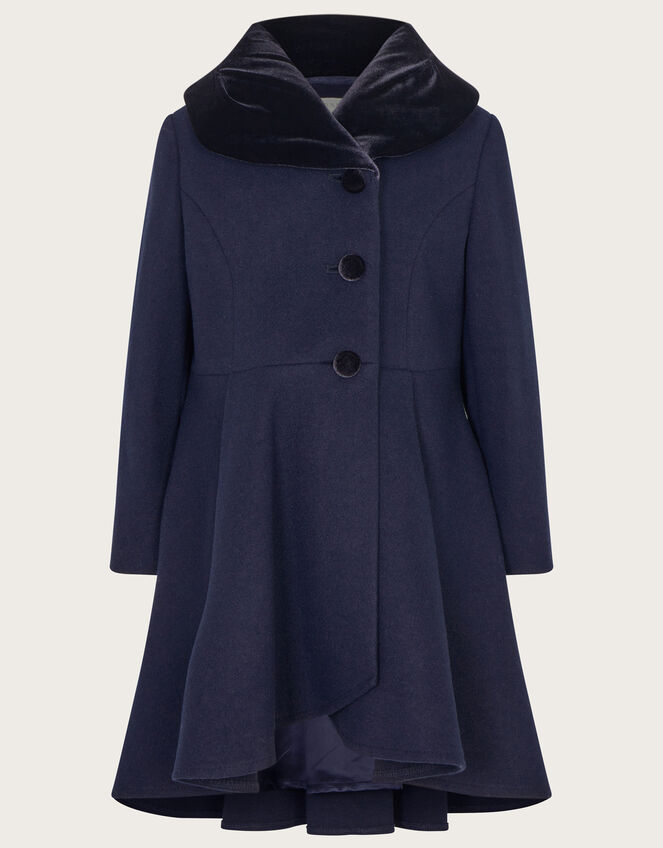 Velvet Collar High Low Coat in Wool Blend, Blue (NAVY), large