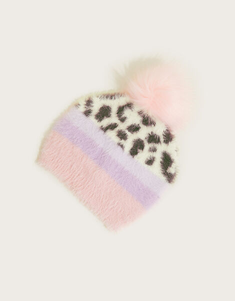 Fluffy Leopard Stripe Beanie Hat Multi, Multi (MULTI), large