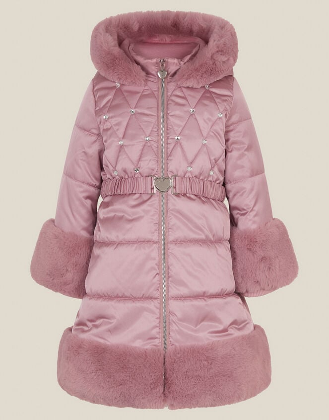 Jewel Heart Quilted Puffer Coat, Pink (PINK), large