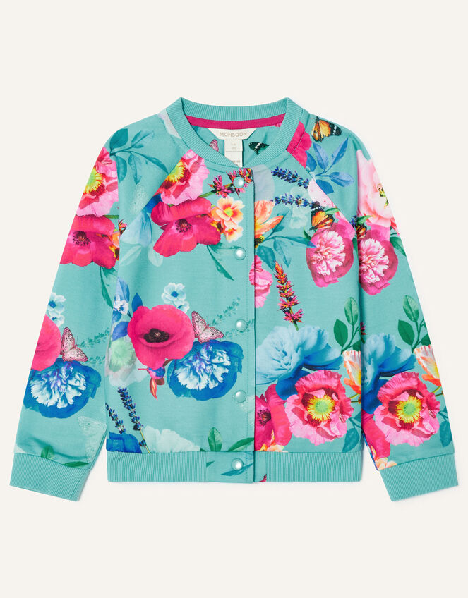 Floral Print Active Bomber Jacket, Blue (AQUA), large