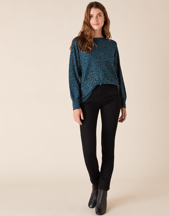 Foil Animal Print Jumper with Sustainable Viscose, Teal (TEAL), large