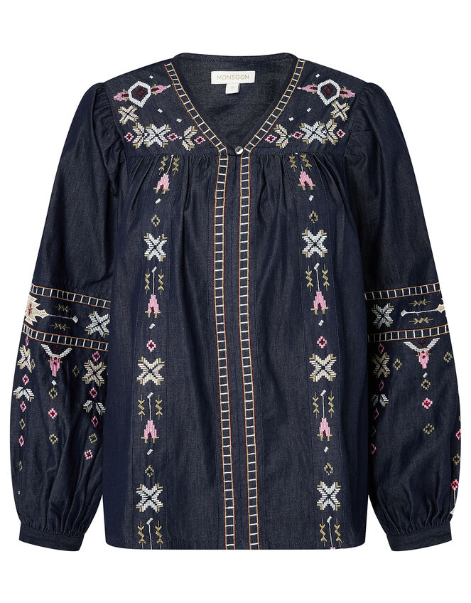 Boho Embroidered Blouse in Pure Cotton, Blue (DENIM BLUE), large