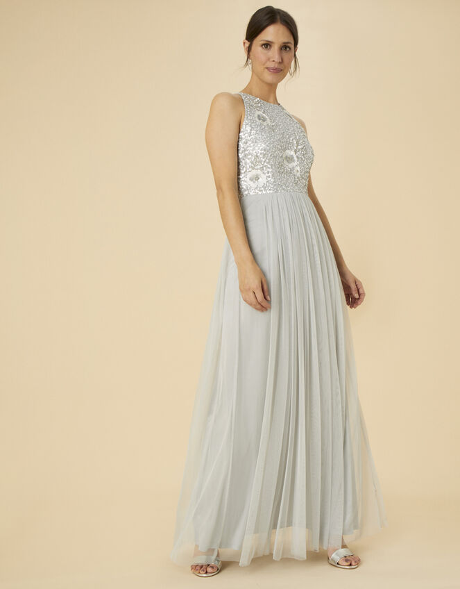 Adrianna Embellished Maxi Dress in Recycled Polyester, Blue (BLUE), large
