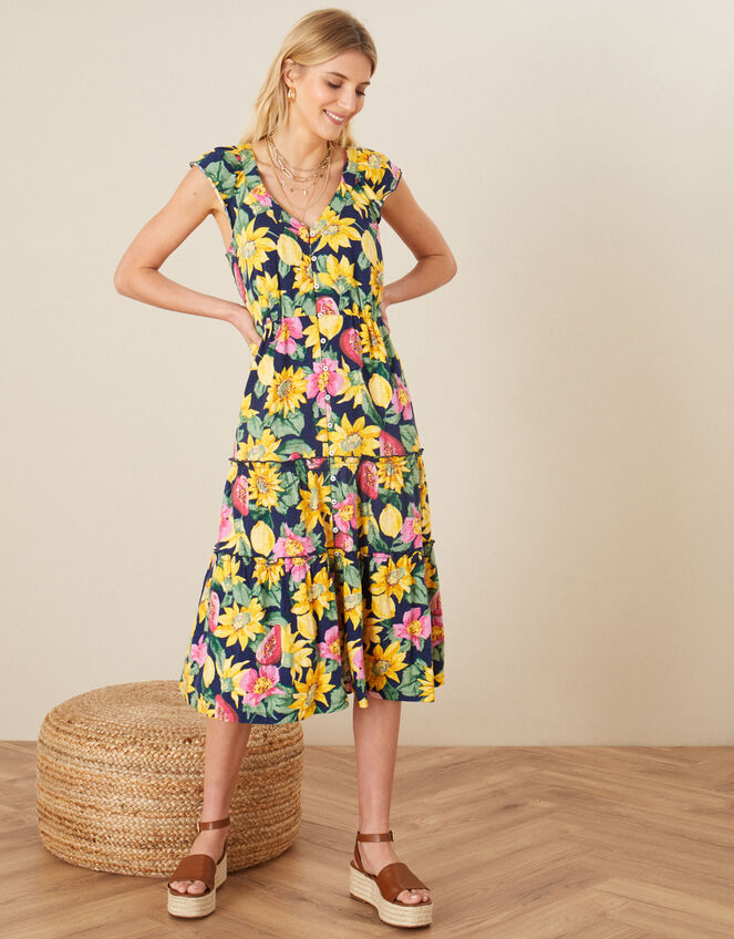 Floral Print Jersey Midi Dress , Blue (NAVY), large