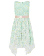 Josie Lace Hanky Hem Dress with Corsage, Green (MINT), large