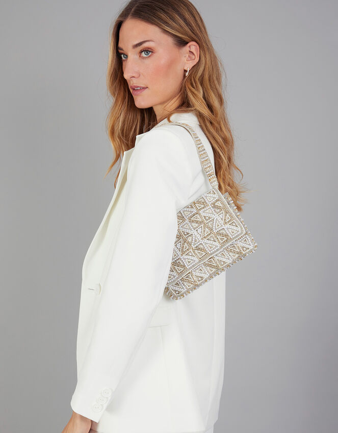 Pearl Geometric Embellished Bridal Shoulder Bag, , large