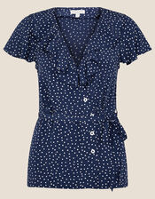 Spot Print Frill Wrap Top, Blue (NAVY), large