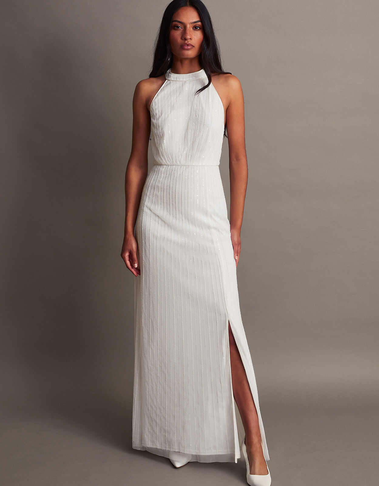 Ignite Evenings Embellished Halter Neck Sleeveless Ruched Side Cascade  Ruffle Gown | Dillard's