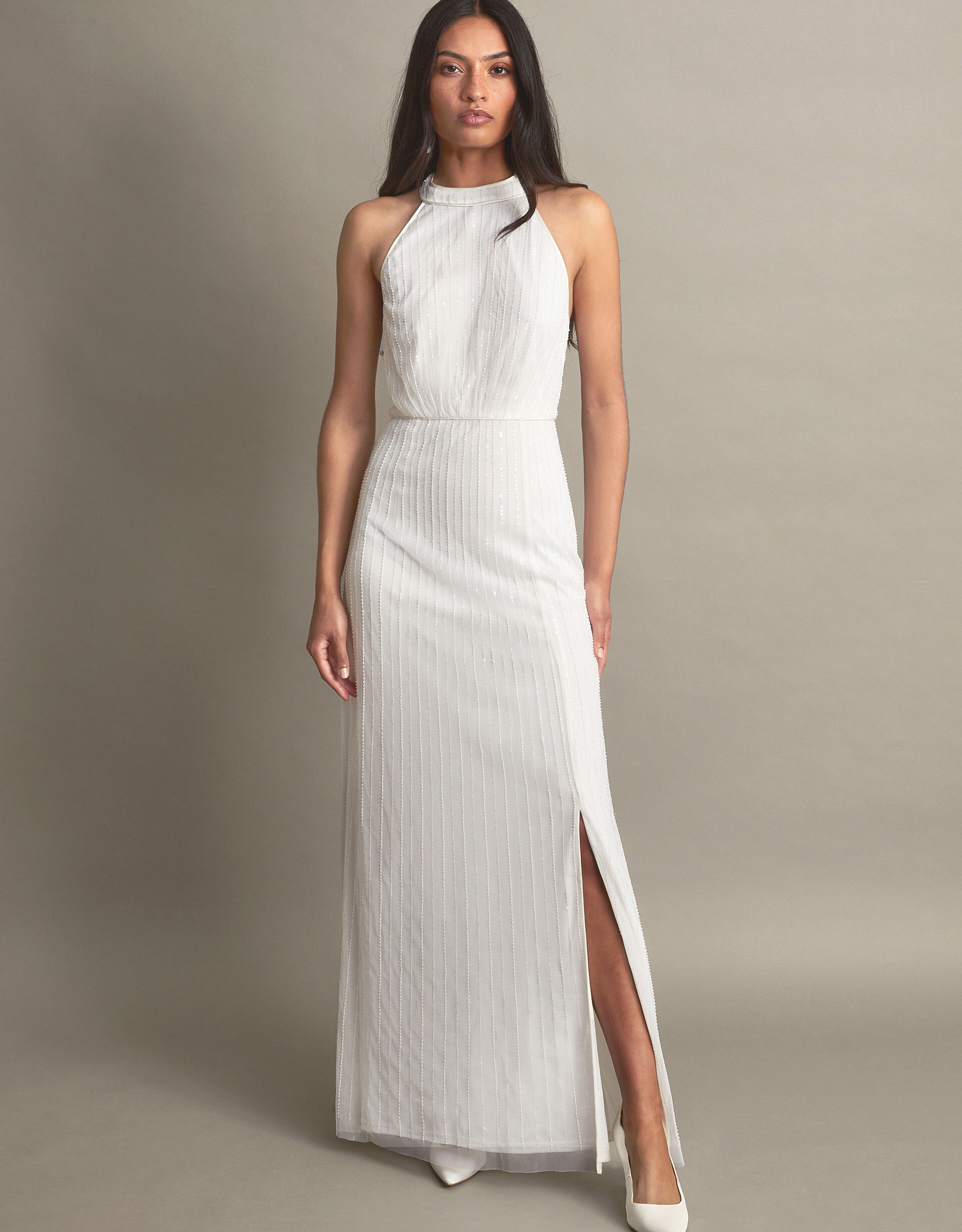 Ignite Evenings Embellished Halter Neck Sleeveless Ruched Side Cascade  Ruffle Gown | Dillard's