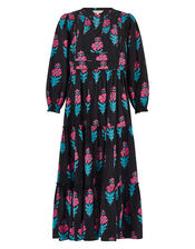 East Helena Woodblock Print Midi Dress, Black (BLACK), large