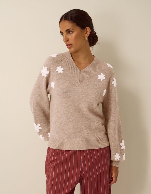 Emily Floral Embroidered Sweater, Mink (MINK), large