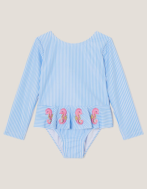 Baby Seahorse Stripe UPF50+ Long Sleeve Swimsuit, Blue (BLUE), large