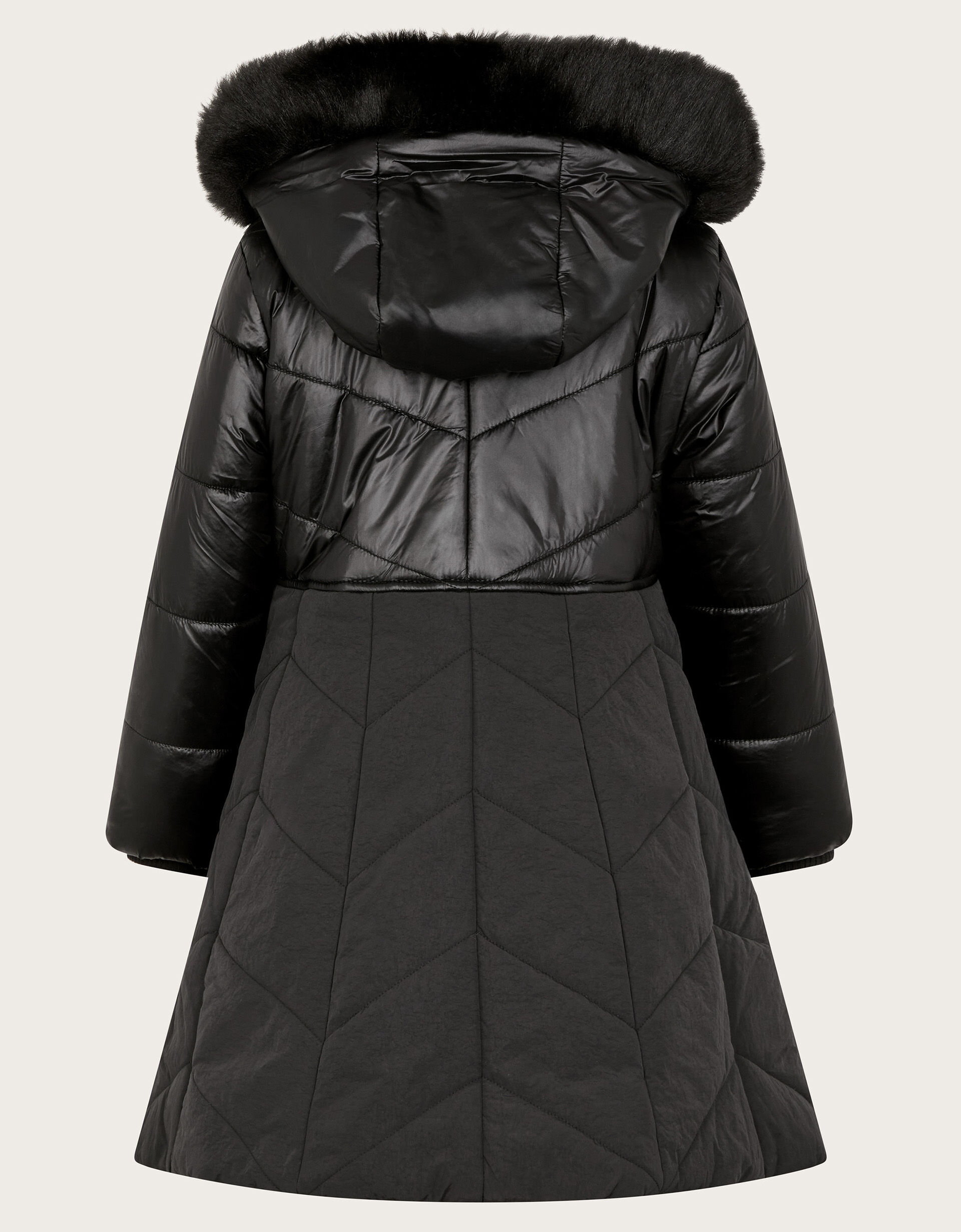 Faux Fur Hooded A Line Puffer Coat Black
