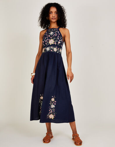 Leah Embroidered Midi Dress in Linen Blend  Blue, Blue (NAVY), large