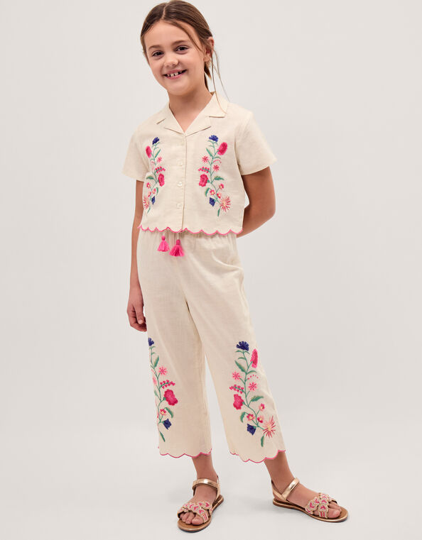 Floral Embroidered Shirt & Trousers Set, White (WHITE), large
