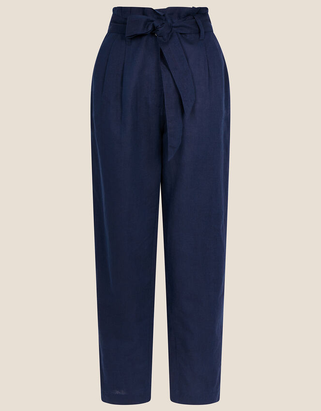 Linen Paper Bag Waist Trousers, Blue (NAVY), large