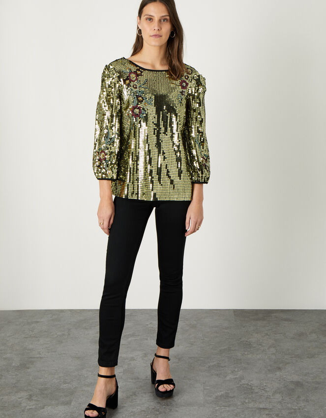 Celia Sequin Crop-Sleeve Blouse, Gold (GOLD), large