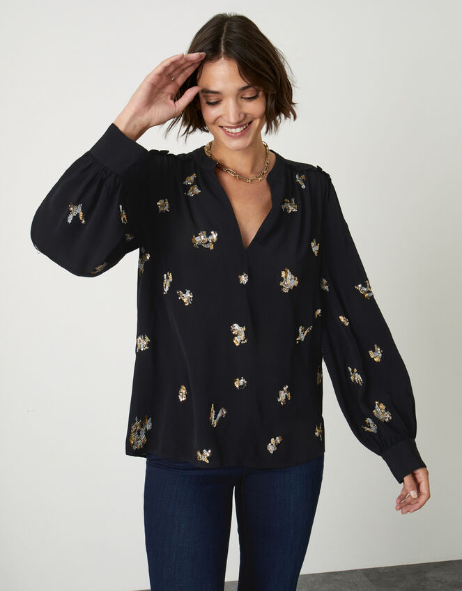 Sadie Animal Embellished Long Sleeve Top, Black (BLACK), large