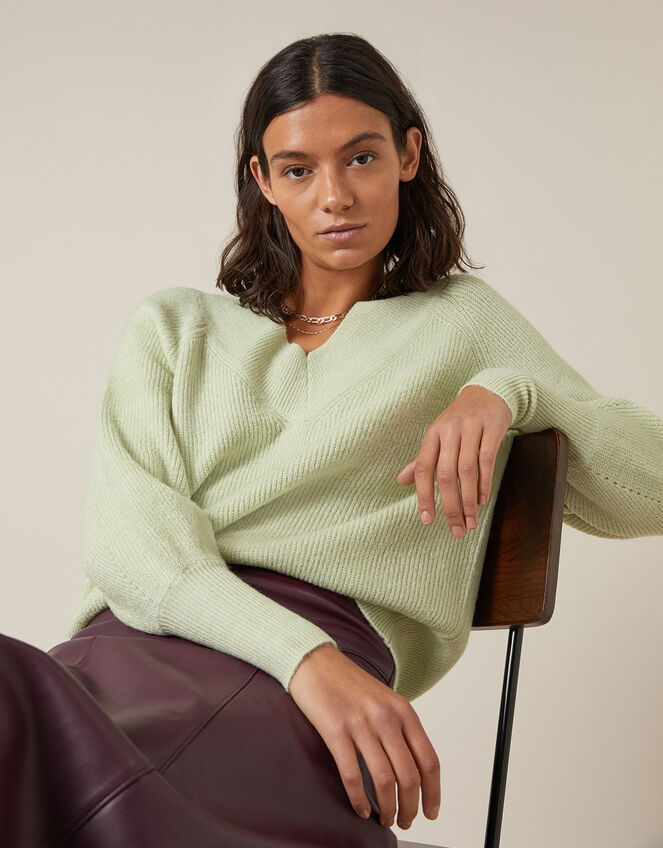 V-Neck Ribbed Knit Jumper, Green (GREEN), large