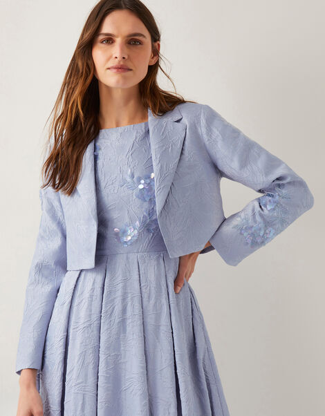 Faye Hand-Beaded Jacquard Cropped Bridal Jacket, Blue (PALE BLUE), large