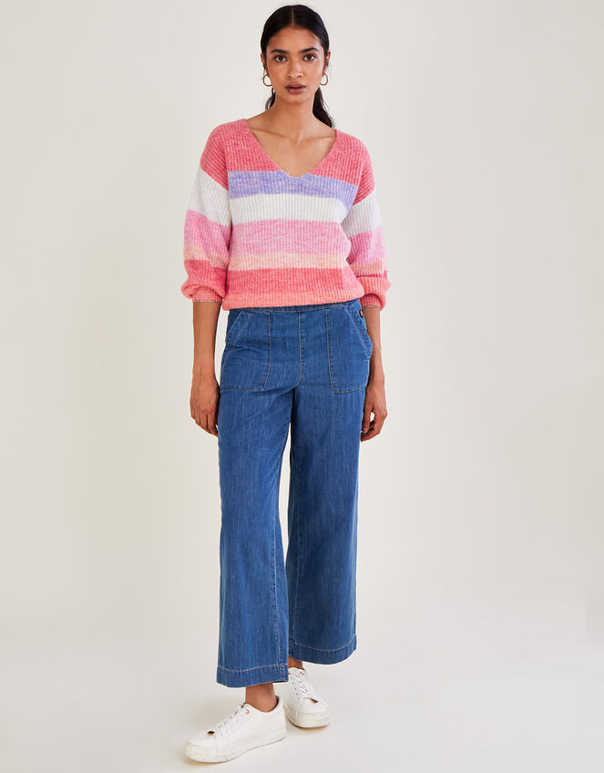 Stripe V Neck Jumper with Recycled Polyester, Orange (PEACH), large