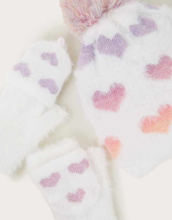 Neon Hearts Fluffy Hat and Gloves Set, Multi (MULTI), large