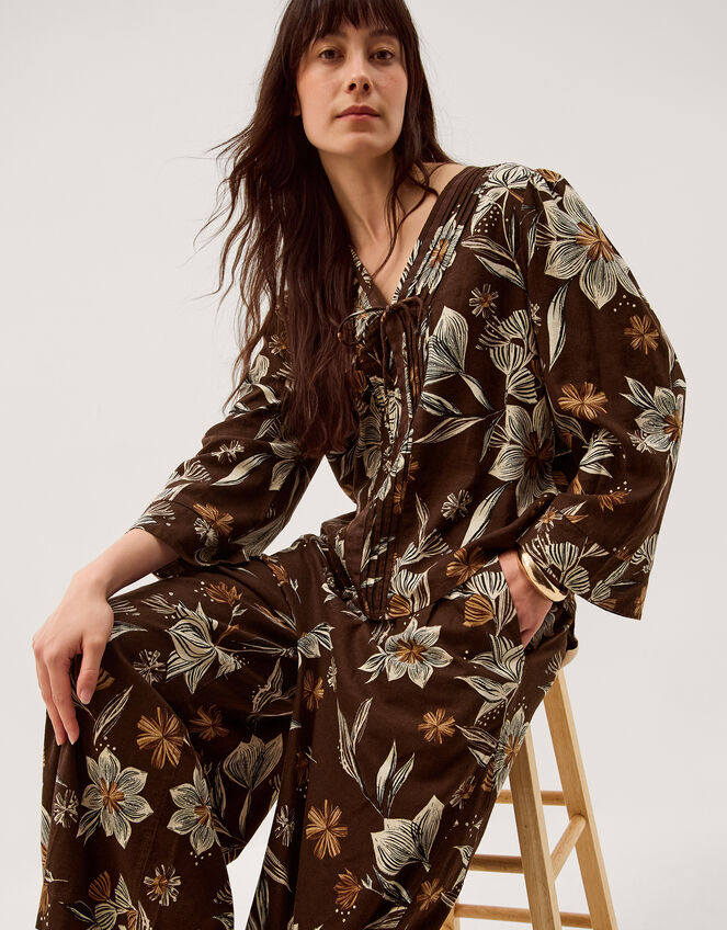 Esther Floral Linen Blend Top, Brown (CHOCOLATE), large