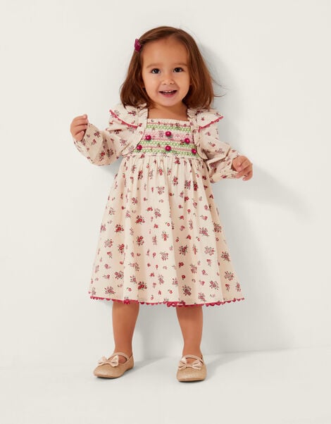 Baby Ditsy Floral Smock Dress, Ivory (IVORY), large