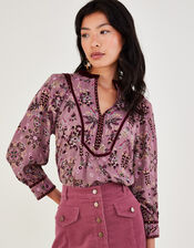 Overhead Heritage Print and Velvet Trim Blouse, Pink (ROSE), large