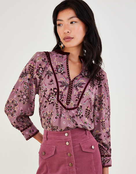 Overhead Heritage Print and Velvet Trim Blouse Pink, Pink (ROSE), large