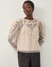 Gwen Floral Appliqué Organza Top, Cream (CREAM), large