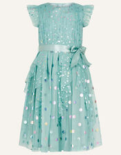 Rainbow Spot Print Frill Dress, Teal (TEAL), large