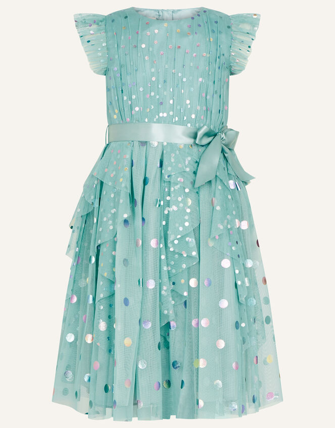 Rainbow Spot Print Frill Dress, Teal (TEAL), large