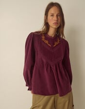 Tyra Long Sleeve Embroidered Corduroy Top, Red (BURGUNDY), large