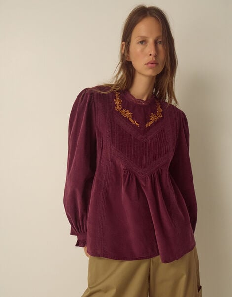 Tyra Long Sleeve Embroidered Corduroy Top, Red (BURGUNDY), large