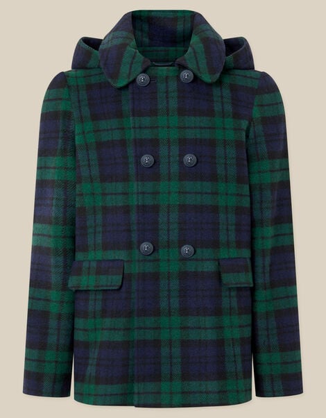 Check Print Hooded Coat, Green (GREEN), large
